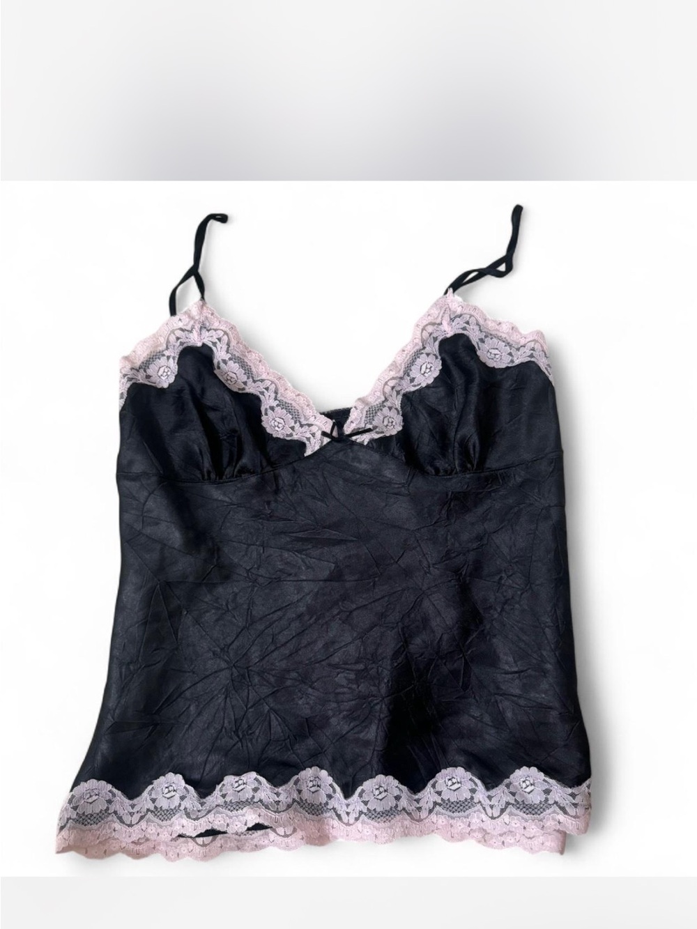 Vintage Black Satin Tank with Pink Lace Trim